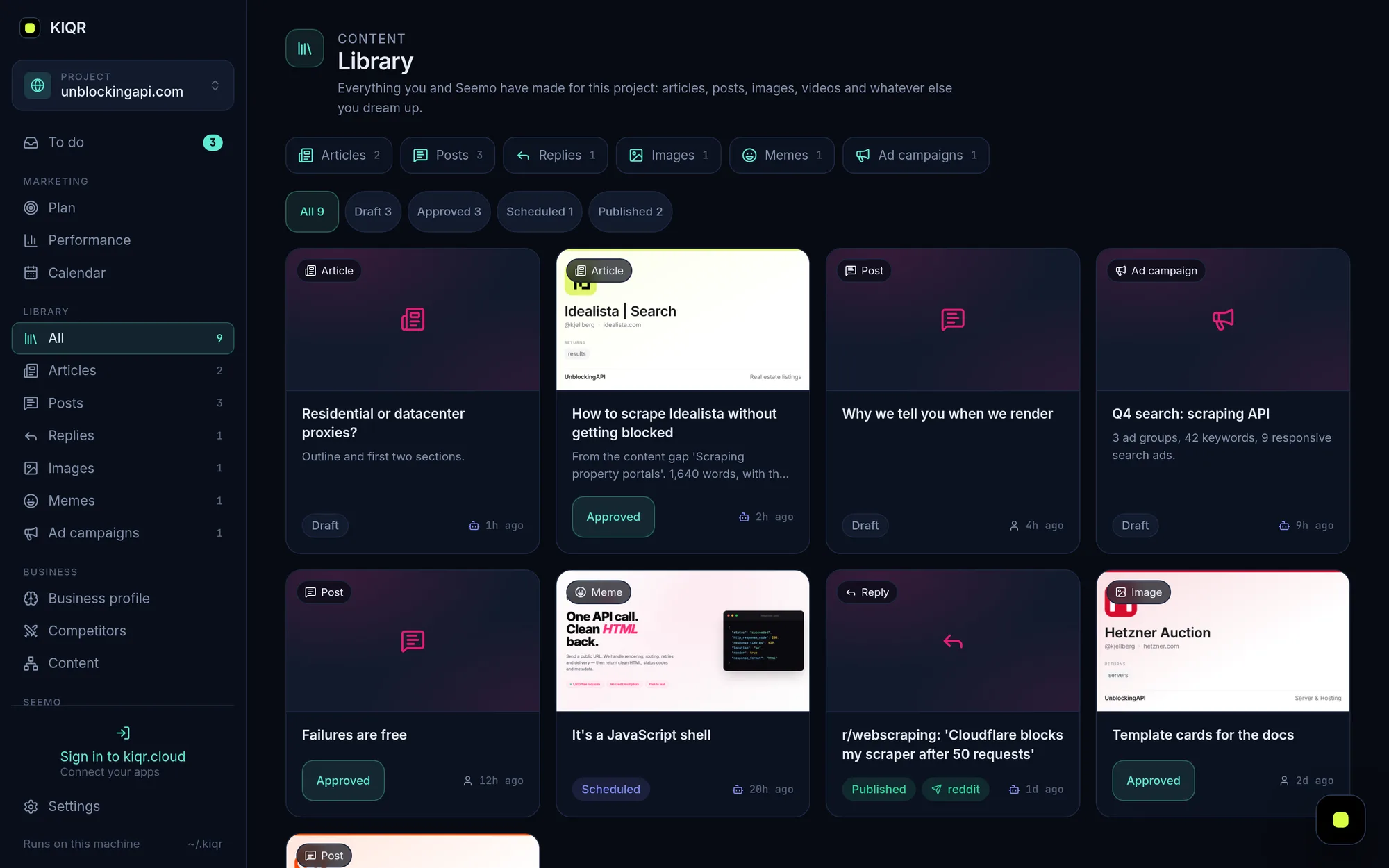 The Library: articles, posts, replies, images, memes and ad campaigns, each with its status