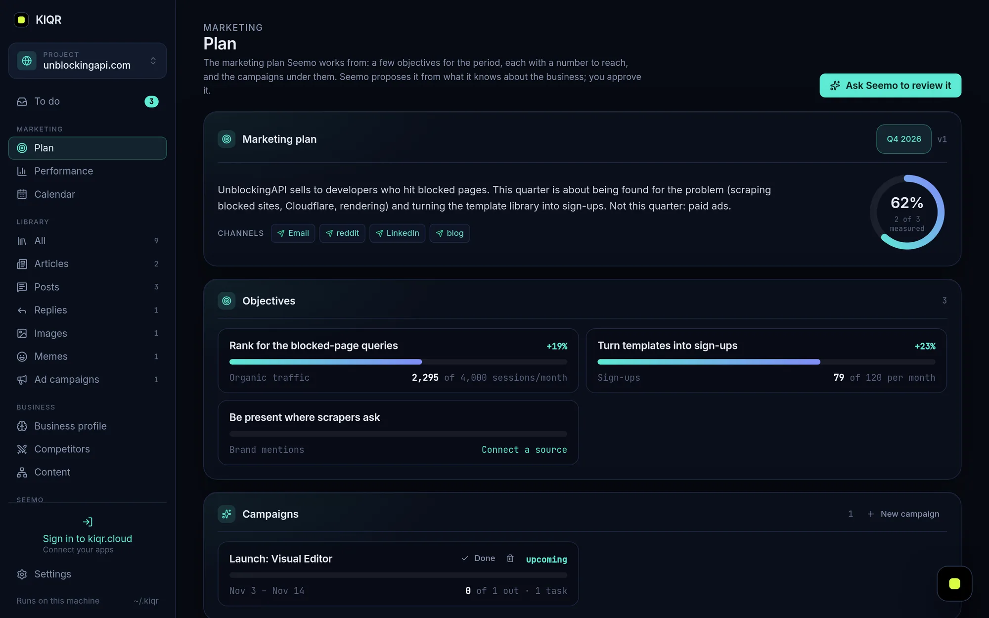 KIQR's Plan page: Seemo's Q4 marketing plan with three objectives, each with a KPI and how far it is from its target, and a campaign
